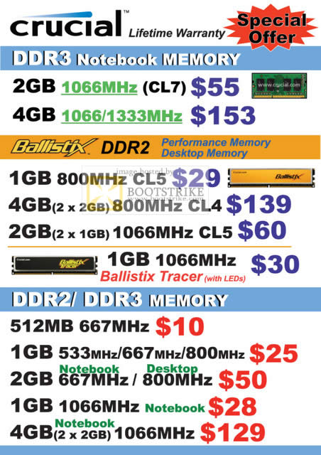 Comex 2010 price list image brochure of Convergent Crucial Desktop Memory DDR3 Notebook Ballistix DDR2 Tracer