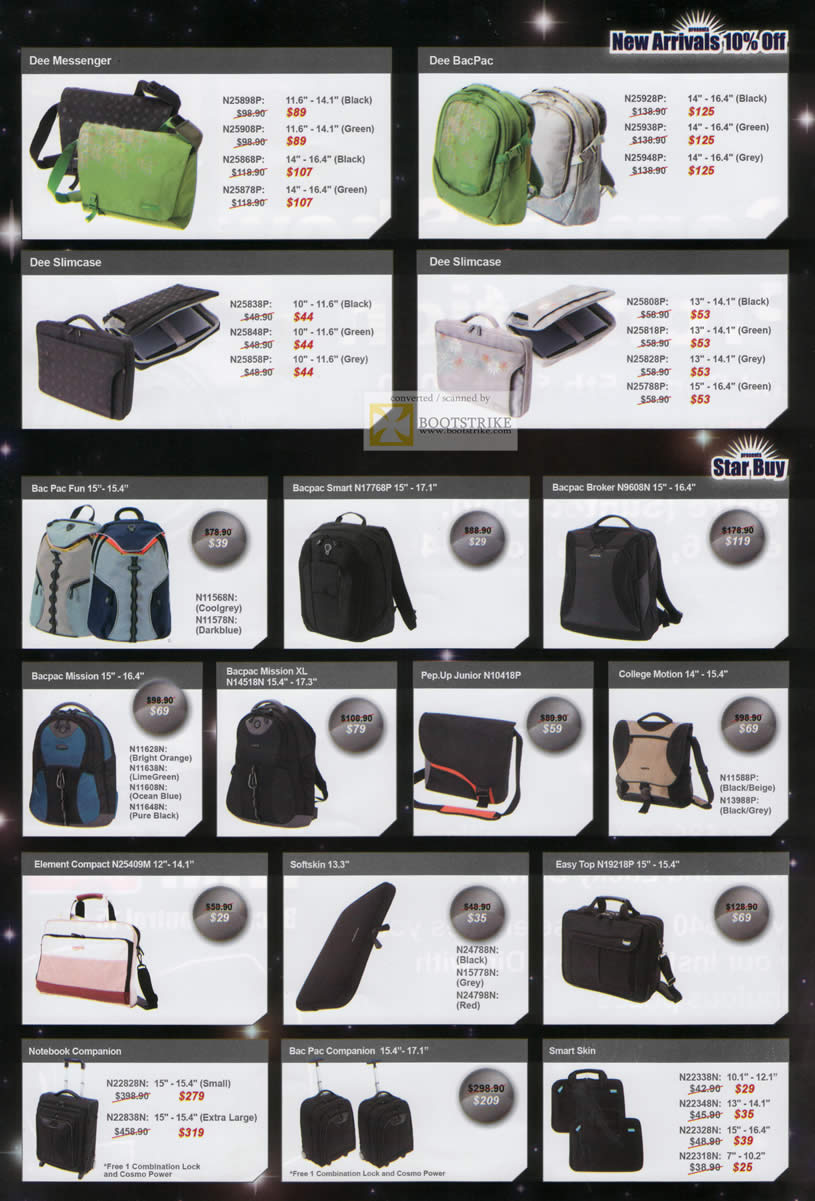 Comex 2010 price list image brochure of Convergent Dicota Dee Messenger BacPac Slimcase Bac Pac Broker Mission XL Pop Up Junior College Motion Soft Skin Smart