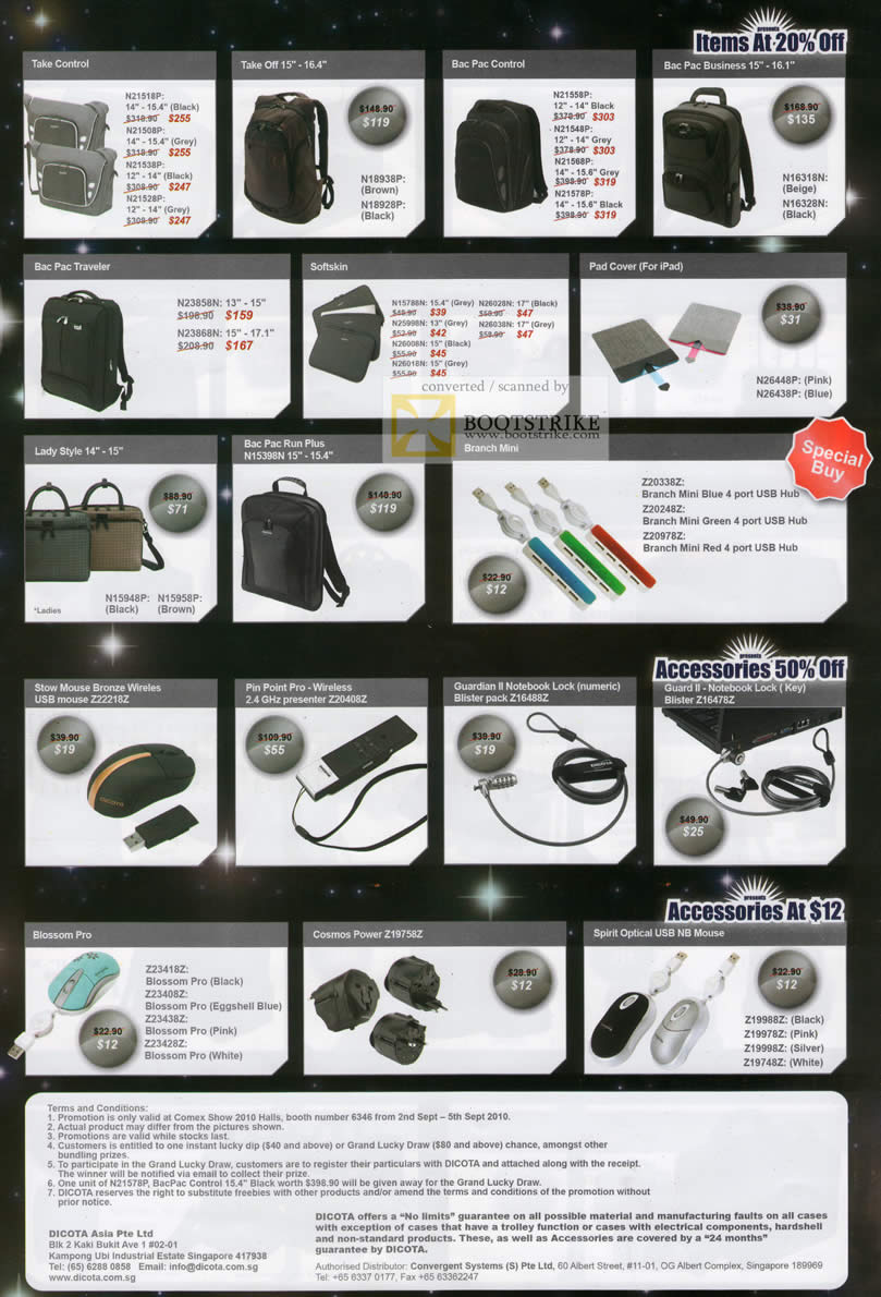 Comex 2010 price list image brochure of Convergent Dicota Take Control Softskin Lady Style Pin Point Pro Guardian Notebook Lock Blossom Pro Mouse Power