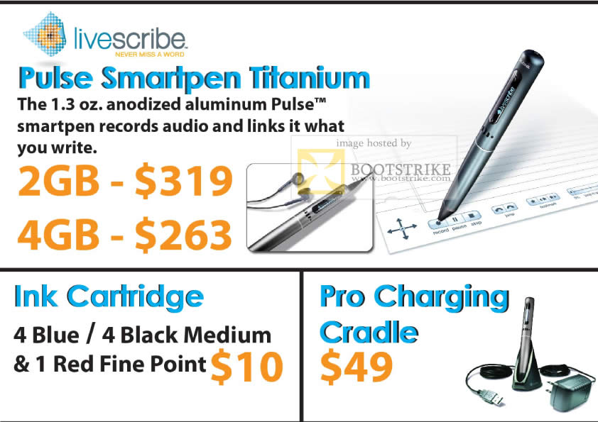 Comex 2010 price list image brochure of Convergent Livescribe Pulse Smartpen Titanium Ink Cartridge Pro Charging Cradle