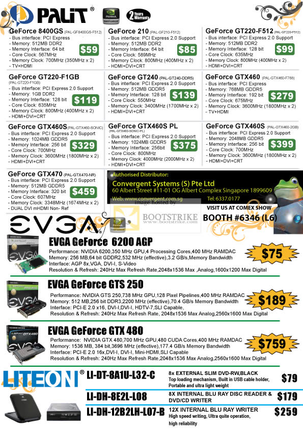 Comex 2010 price list image brochure of Convergent Palit Graphics Card Geforce GTX460S PL GTX460 EVGA 6200 AGP GTX480 LiteOn External Internal DVD Blu Ray Writer Slim