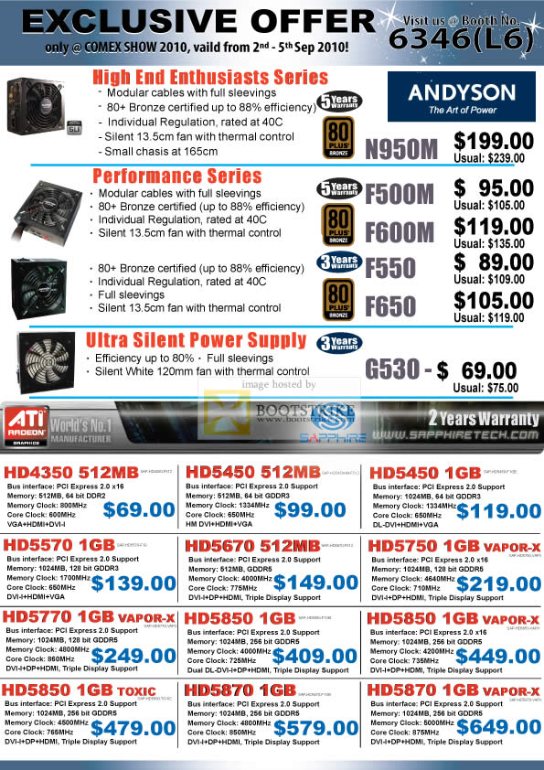 Comex 2010 price list image brochure of Convergent Power Supply Unit PSU Andyson N950M F500M F600M F550 F650 G530 Sapphire Graphic Card HD4350 Vapor X