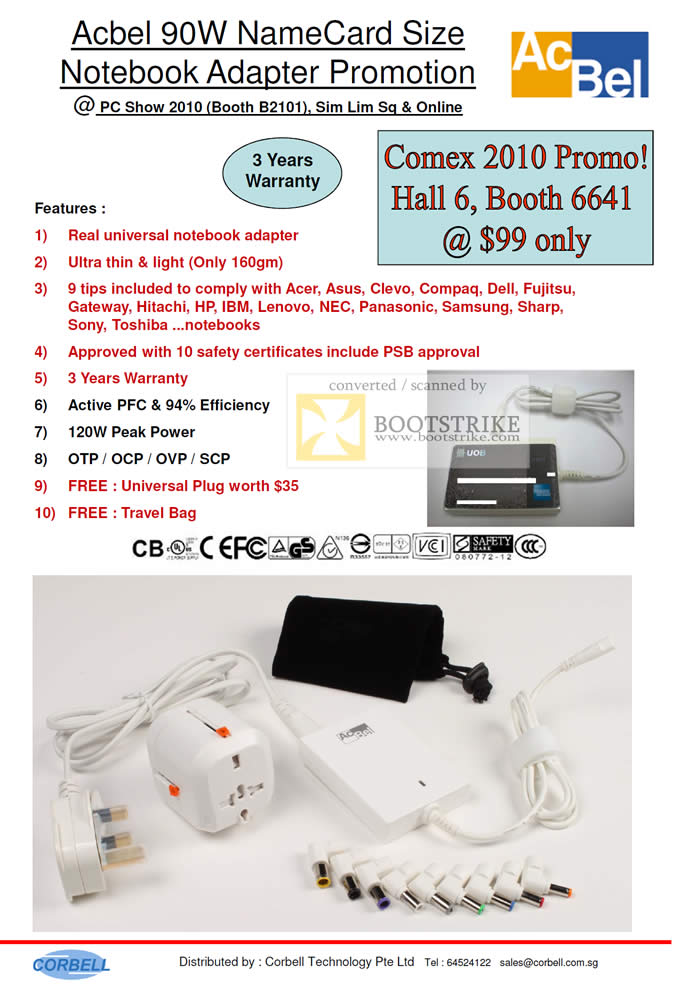 Comex 2010 price list image brochure of Corbell Acbel 90W Universal Notebook Power Adapter