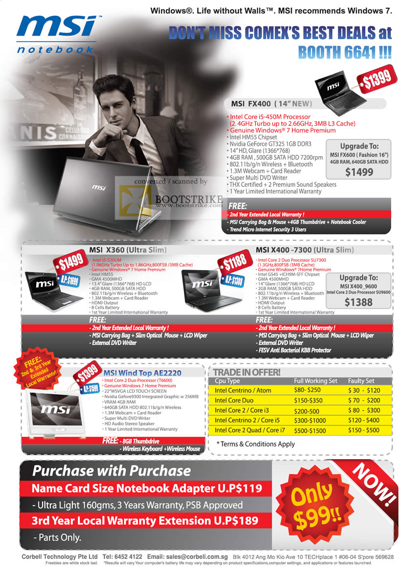Comex 2010 price list image brochure of Corbell MSI Notebooks FX400 FX600 X360 X400 7300 Wind Top AE2220 Trade In