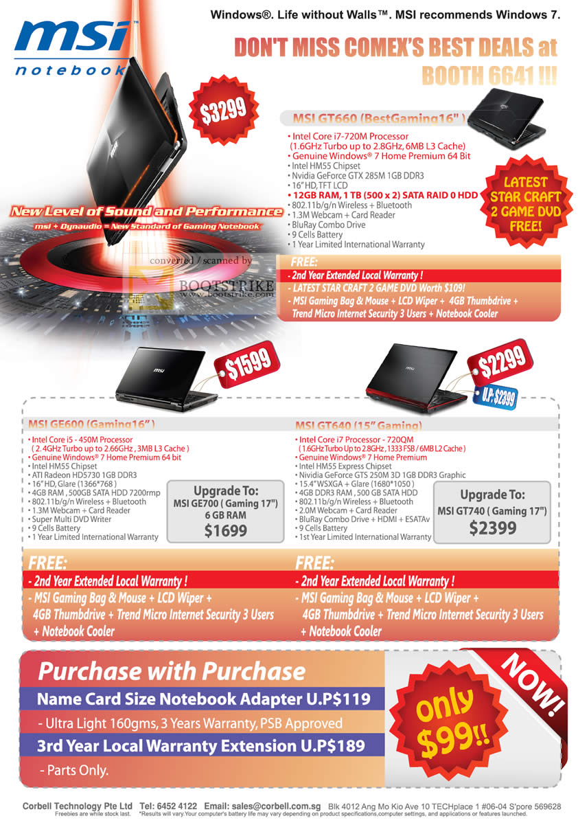 Comex 2010 price list image brochure of Corbell MSI Notebooks GT660 GE600 Gaming GT640 GT740 GE700
