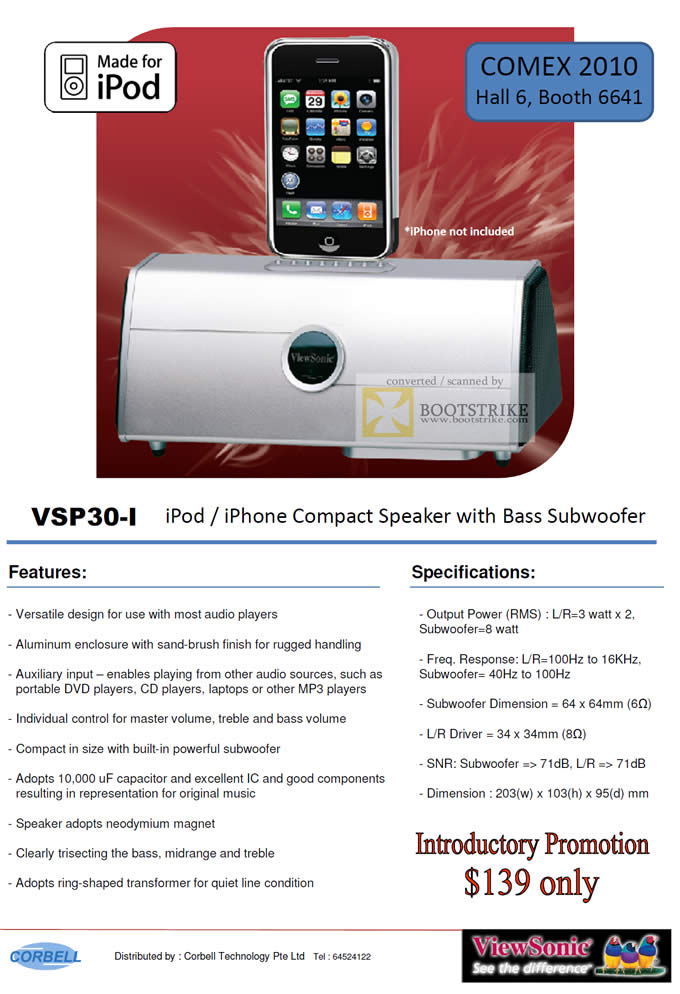 Comex 2010 price list image brochure of Corbell VSP30 I IPod IPhone Compact Speaker Subwoofer