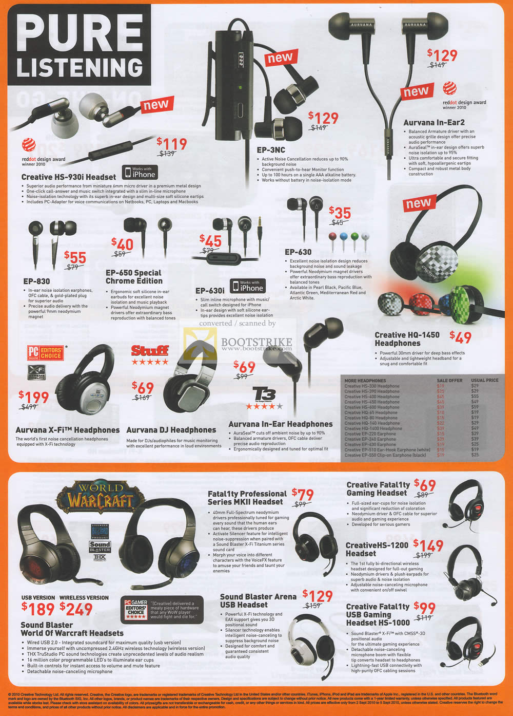 Comex 2010 price list image brochure of Creative Earphones HS EP Aurvana Chrome HQ 1450 X Fi DJ In Ear World Of Warcraft Fatal1ty Professional Series MKII Arena USB