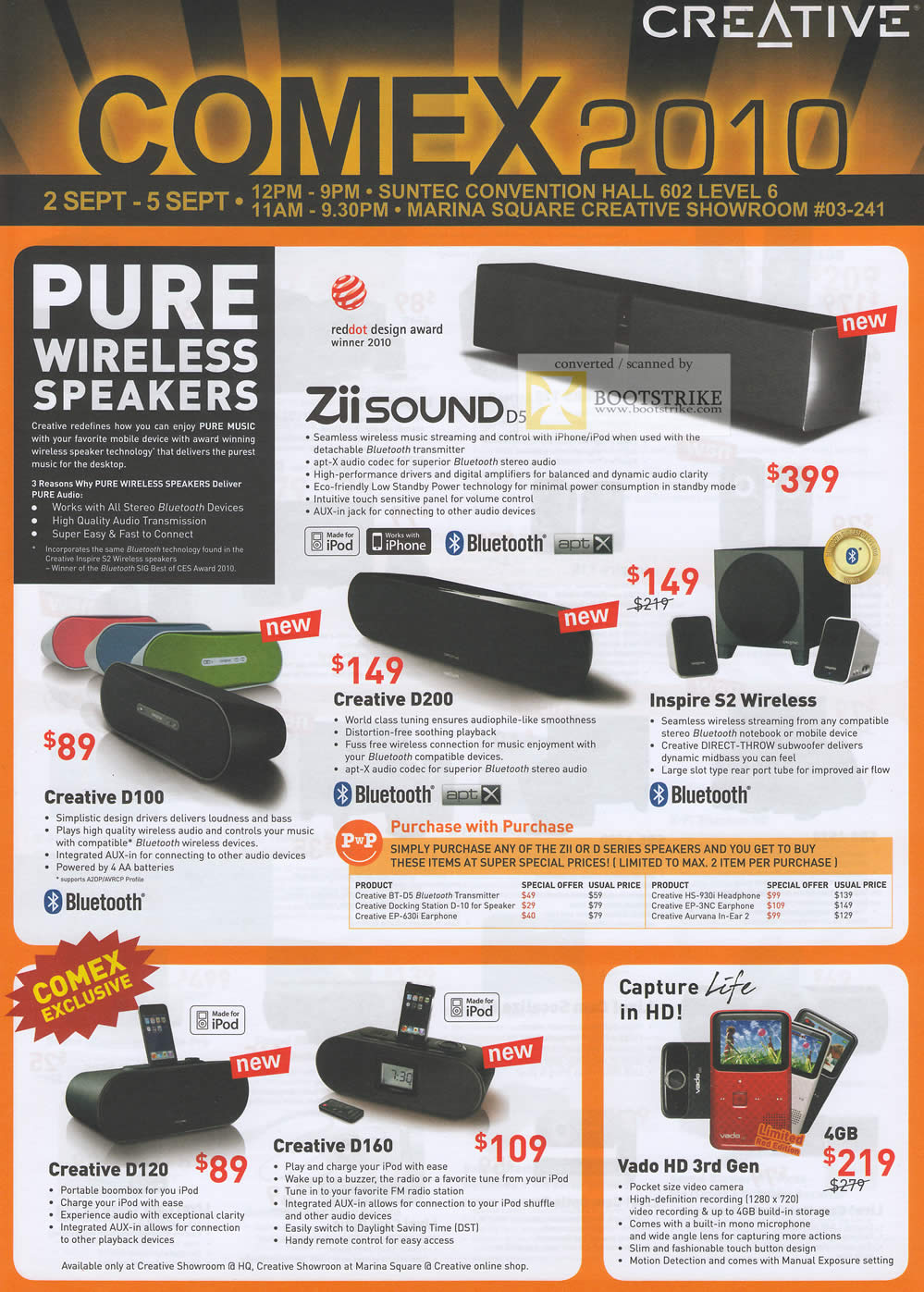 Comex 2010 price list image brochure of Creative Speakers Zii Sound D5 D100 D200 Inspire S2 Wireless D120 D160 Vado HD 3rd Gen Camcorder