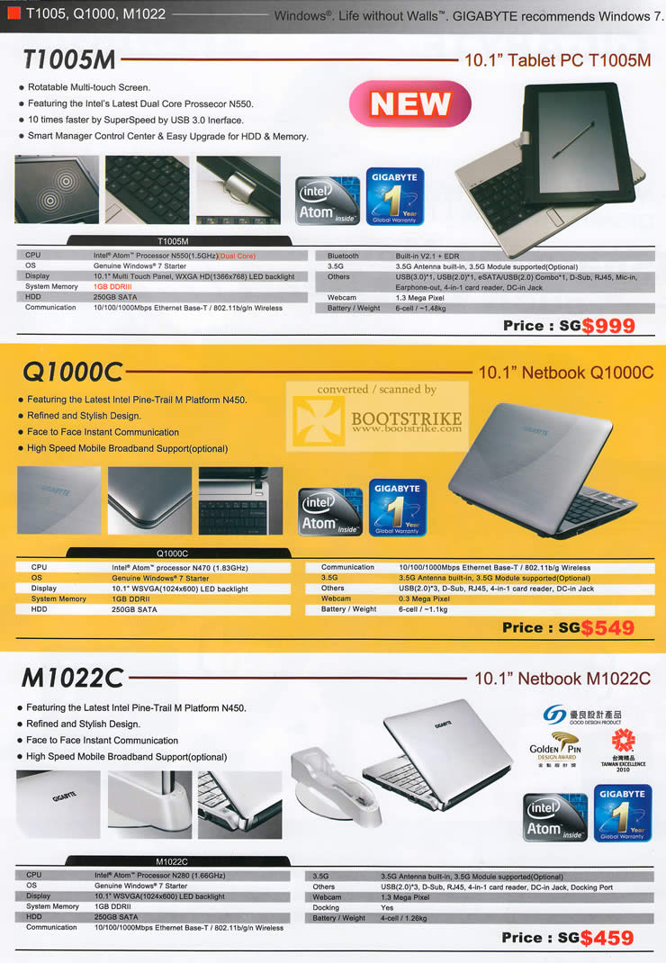 Comex 2010 price list image brochure of Digital Asia Gigabyte Notebooks T1005M Q1000 M1022 Q100C M1022C Netbook Tablet PC
