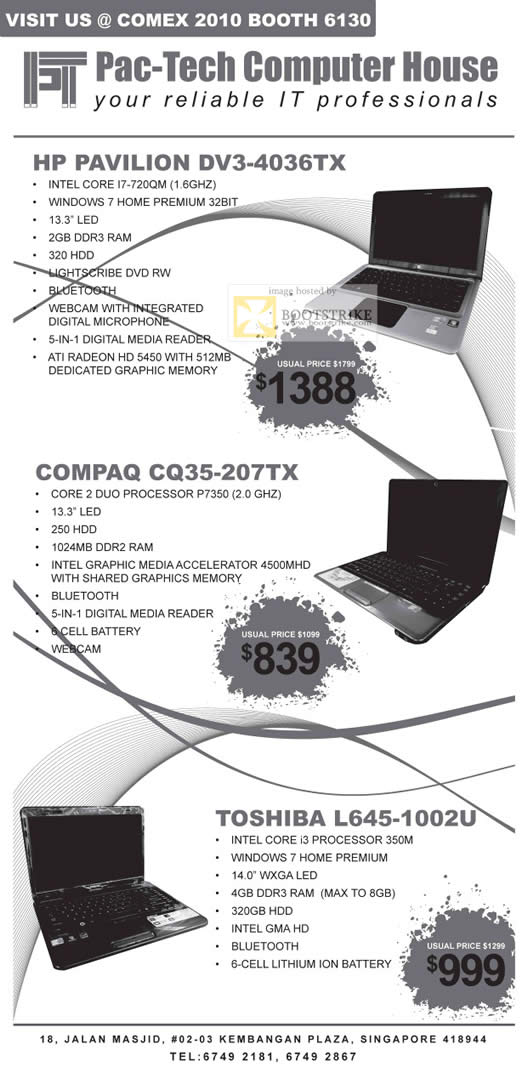 Comex 2010 price list image brochure of ECom Notebooks HP Pavilion DV3 4036TX Compaq CQ35 207TX Toshiba L645 1002U