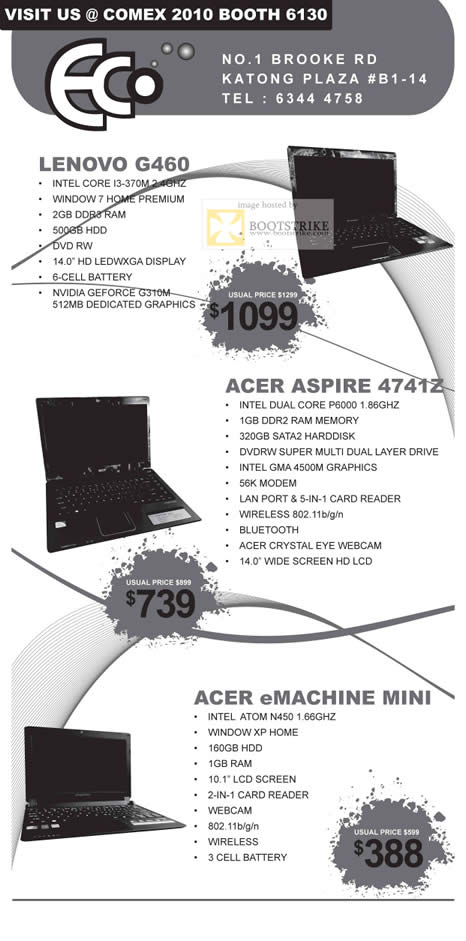 Comex 2010 price list image brochure of ECom Notebooks Lenovo G460 Acer Aspire 4741Z EMachine Mini
