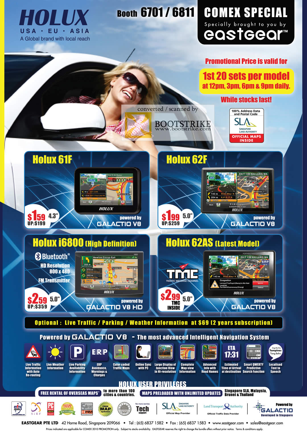Comex 2010 price list image brochure of EastGear Holux GPS 61F 62F I6800 62As Galactio V8 SLA