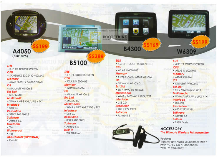 Comex 2010 price list image brochure of Elecom TiBO GPS A4050 B5100 B4300 W6309 Bike GPS Specifications