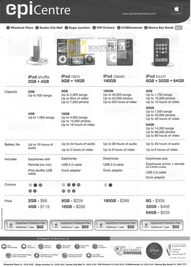 Comex 2010 price list image brochure of Epicentre IPod Shuffle Nano Classic Touch Comparison