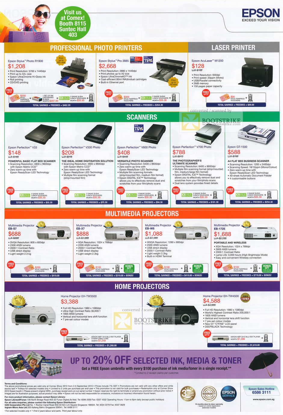 Comex 2010 price list image brochure of Epson Professional Photo Printers Stylus Photo AcuLaser M1200 Scanners Perfection V33 V330 V700 Projectors EB S7 X7 W8 1725 TW3500