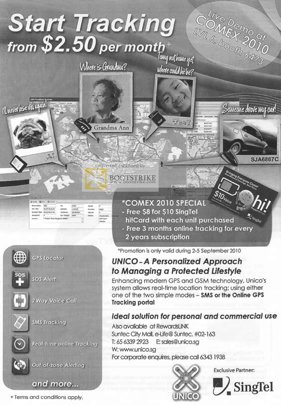 Comex 2010 price list image brochure of Evolution Werks Unico GPS Locator SOS Alert SMS Singtel