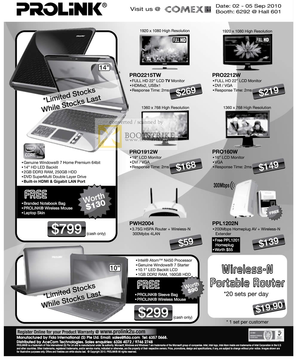 Comex 2010 price list image brochure of Fida Intl Prolink LCD TV Monitor PRO2215TW PRO2212W PRO1912W PRO160W Notebooks Wireless N Portable Router HSPA Homeplug