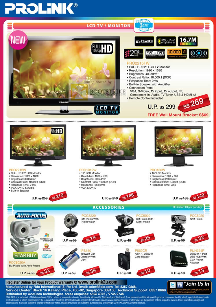 Comex 2010 price list image brochure of Fida Intl Prolink LCD TV Monitor PRO2215TW PRO2212W PRO1912W PRO160W Webcam Night Vision Auto Focus