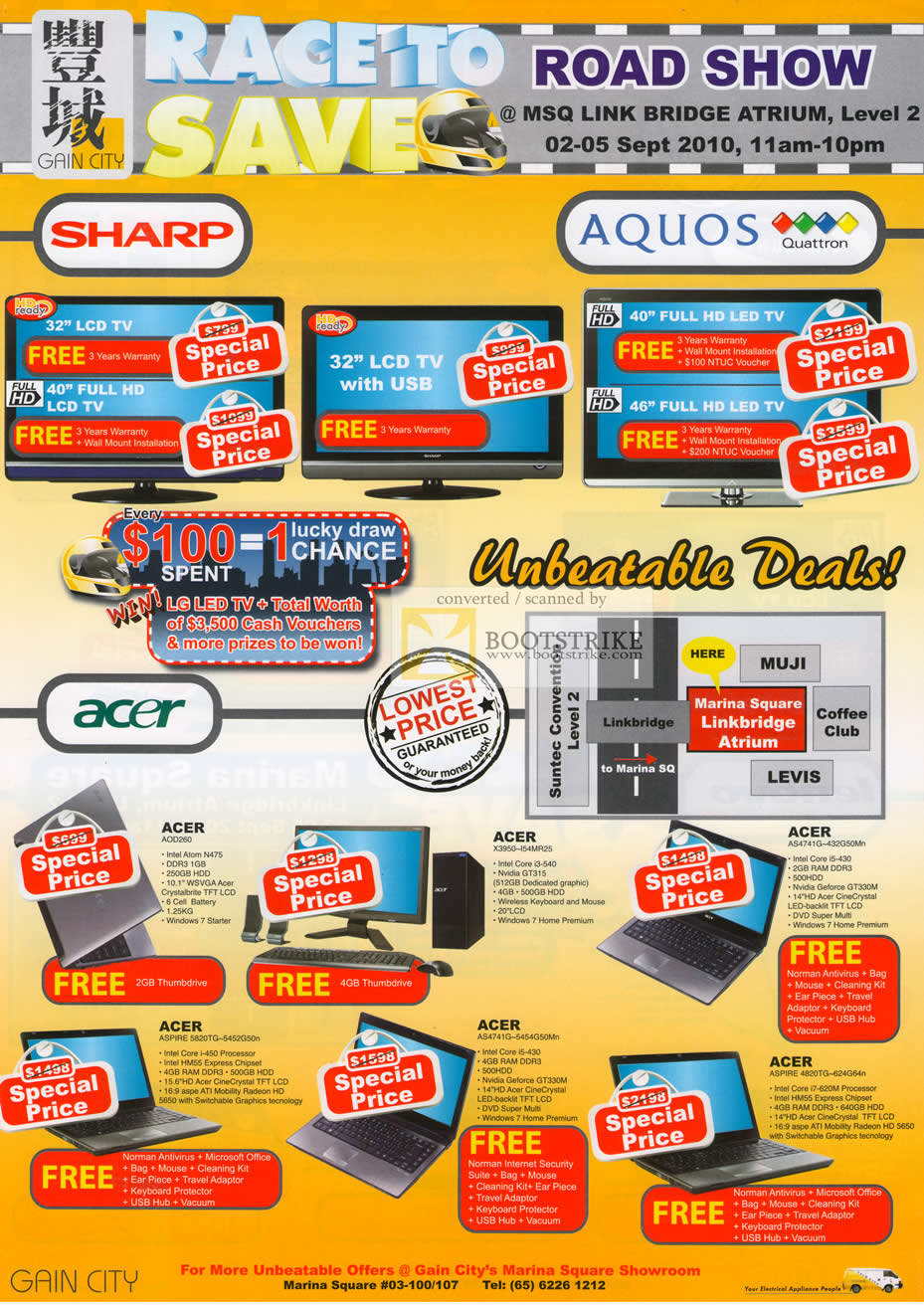 Comex 2010 price list image brochure of Gaincity LCD TV Sharp Aquos LED Acer Notebooks Aspire AOD260 X3950 5820TG 4820TG AS4741G