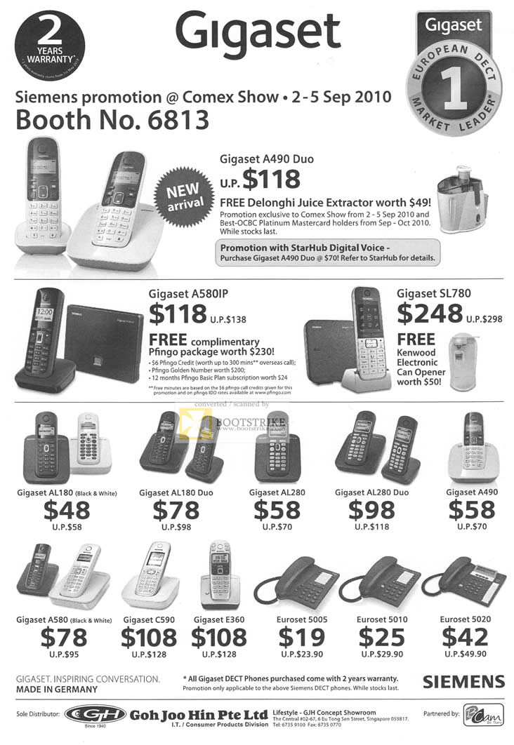 Comex 2010 price list image brochure of Goh Joo Siemens Gigaset Phones A490 Duo A580IP SL780 Euroset 5005 5010 5020
