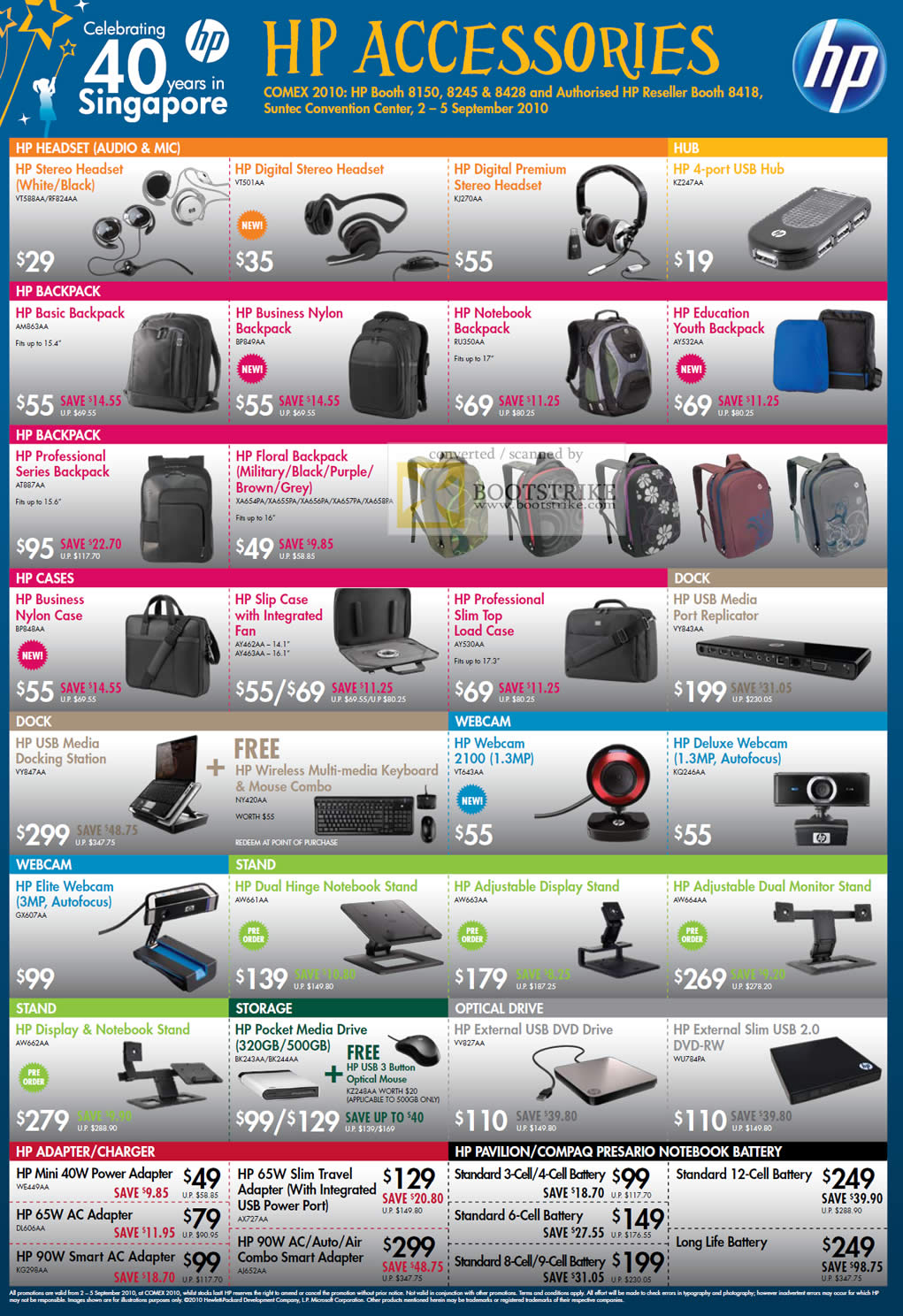 Comex 2010 price list image brochure of HP Accessories Headset Backback Case Dock Webcam Stand External Storage DVD Drive Adapter Charger Battery
