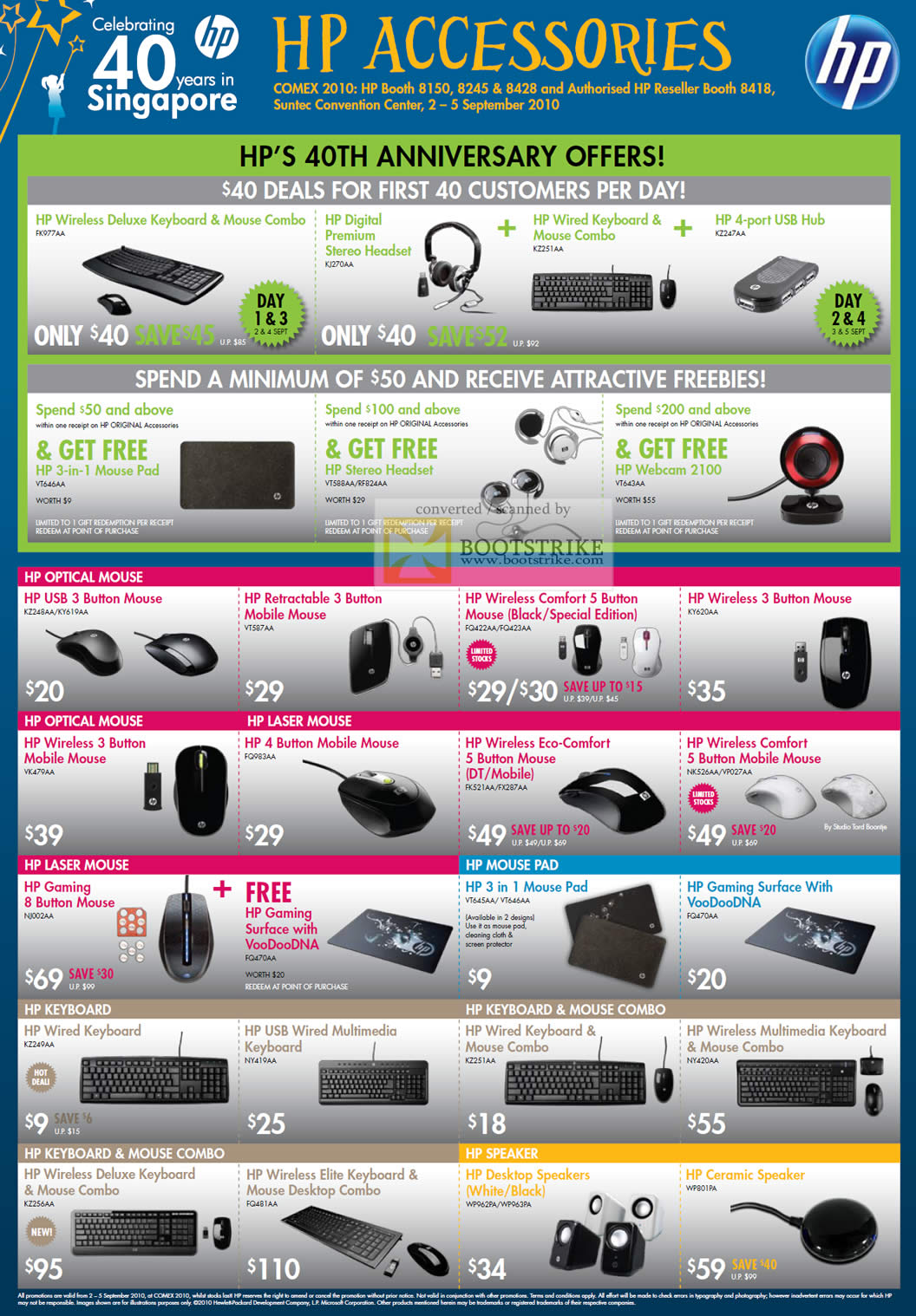Comex 2010 price list image brochure of HP Accessories Keyboard Mouse Optical Laser Speaker Elite VooDooDNA Wireless Comfort USB