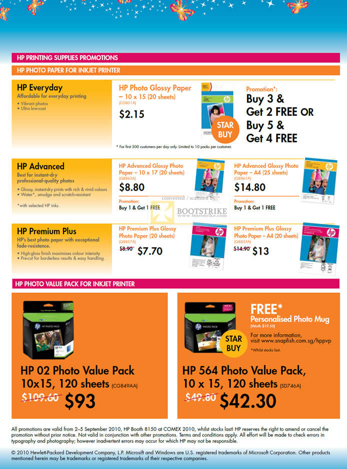 Comex 2010 price list image brochure of HP Printing Supplies Photo Paper Glossy Advanced Premium Plus Value Pack