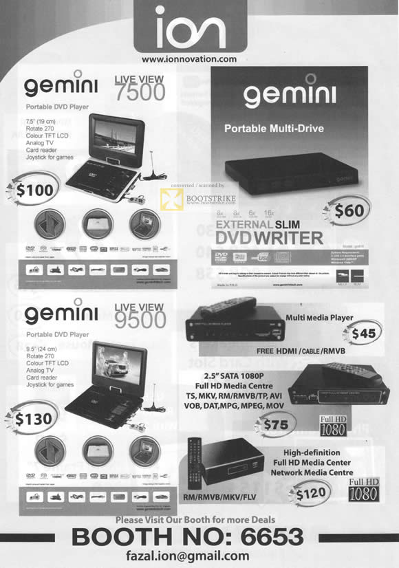 Comex 2010 price list image brochure of ION Gemini Portable DVD Player 7500 Multi Drive External DVD Writer 9500 Media Player
