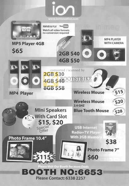 Comex 2010 price list image brochure of ION MP5 Player MP4 Wireless Mouse Bluetooth Mini Speakers USB Internet Radio TV Digital Photo Frame