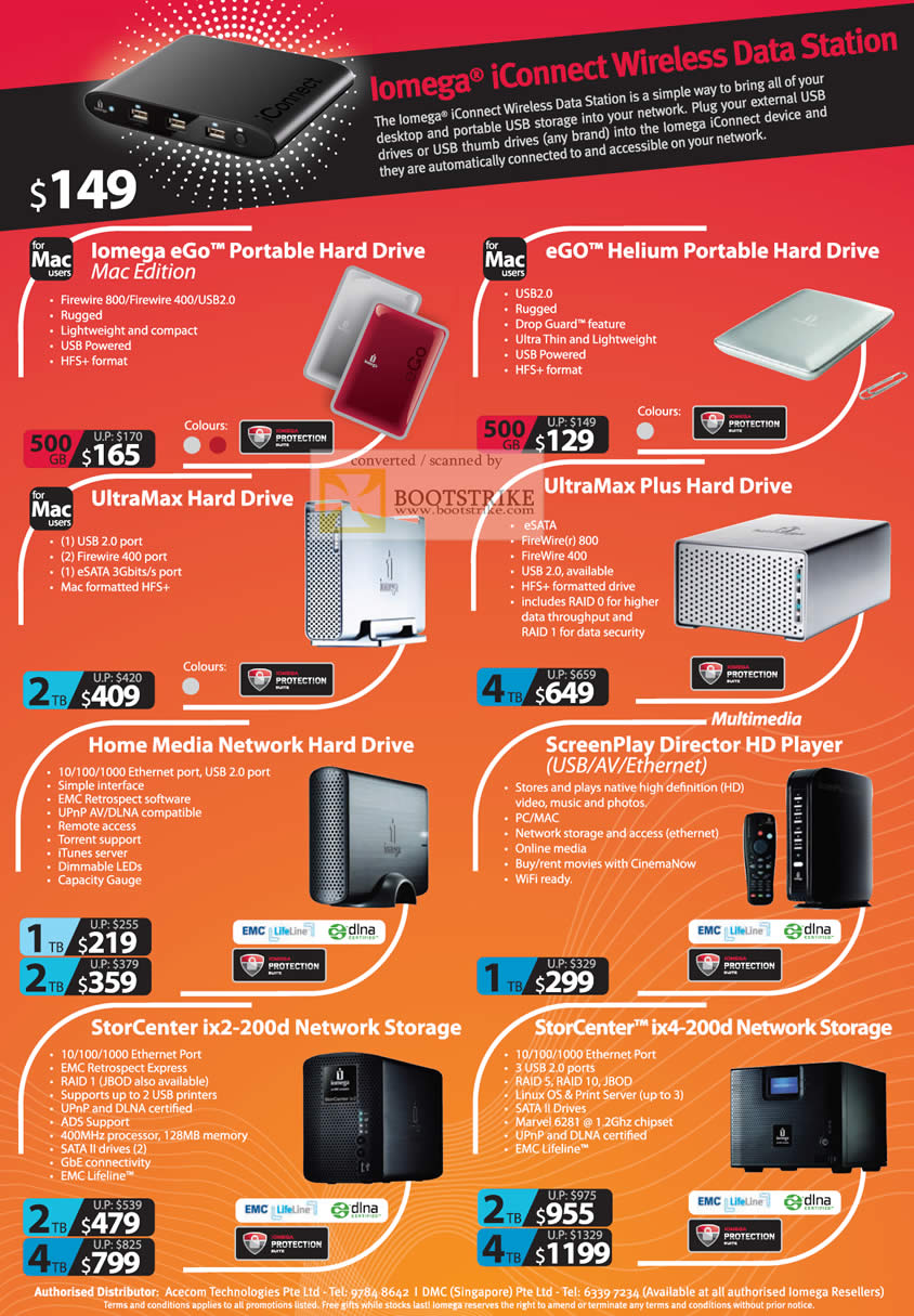 Comex 2010 price list image brochure of Iomega IConnect Wireless External Storage EGo Portable Helium UltraMax Plus ScreenPlay Director StorCenter NAS