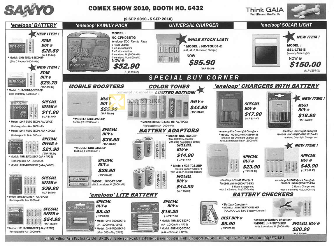 Comex 2010 price list image brochure of JHI Sanyo Eneloop Battery Universal Charger Solar Light Mobile Boosters Lite Checkers Adaptors
