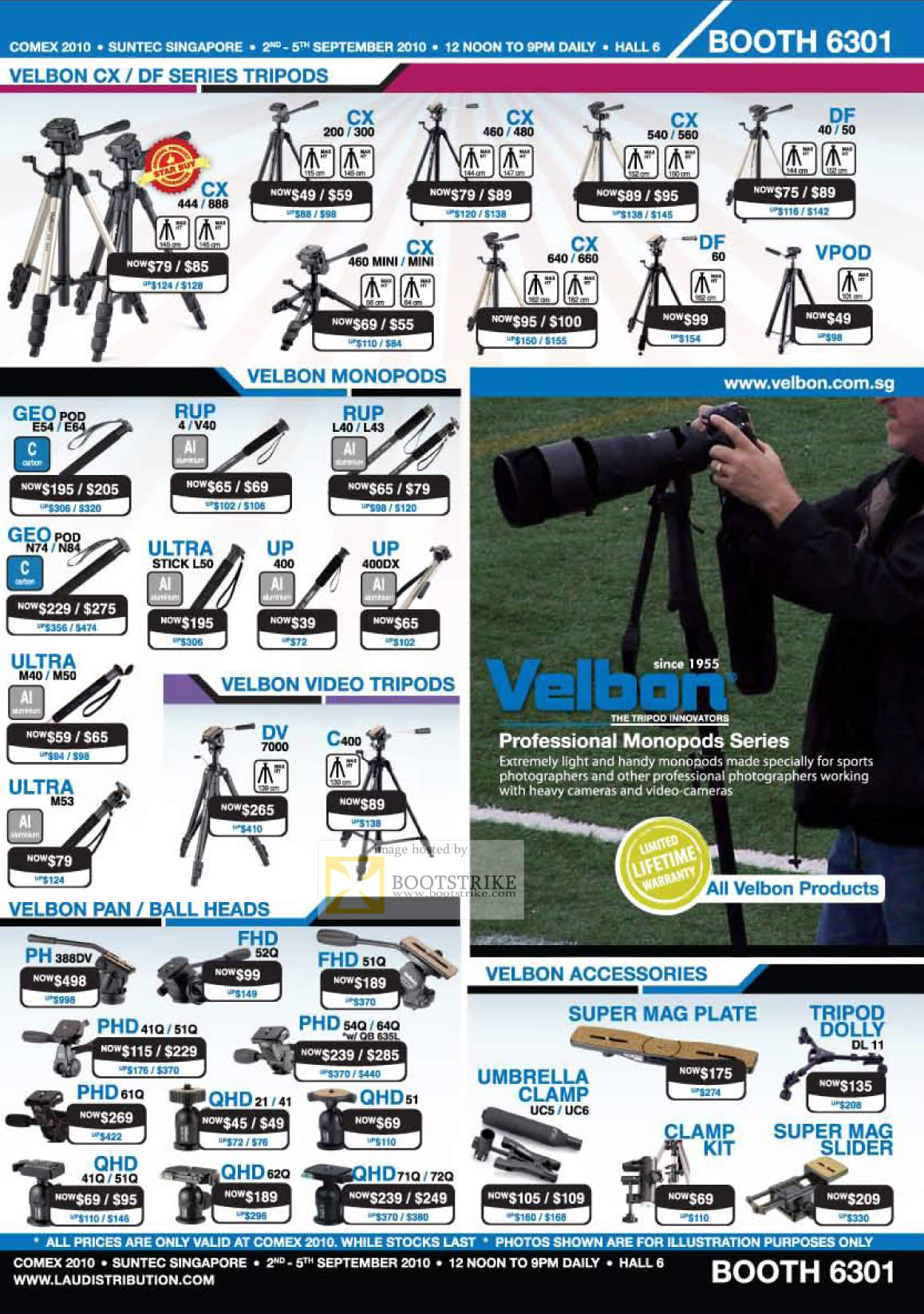 Comex 2010 price list image brochure of Lau Intl Velbon Tripods CX DF Monopods GEO RUP UP ULTRA Ball Heads Accessories Mag Plate Umbrella Clamp