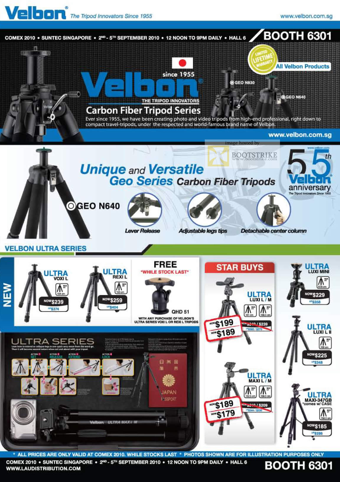 Comex 2010 price list image brochure of Lau Intl Velbon Tripods Geo N830 N640 Ultra V0XI REXI QHD 51 LUXI Mini