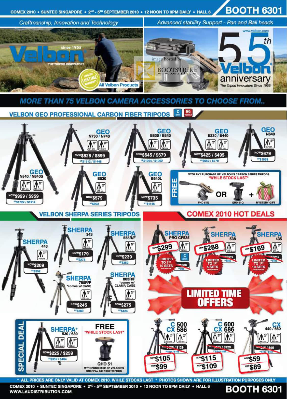 Comex 2010 price list image brochure of Lau Intl Velbon Tripods Geo Professonal Sherpa Series