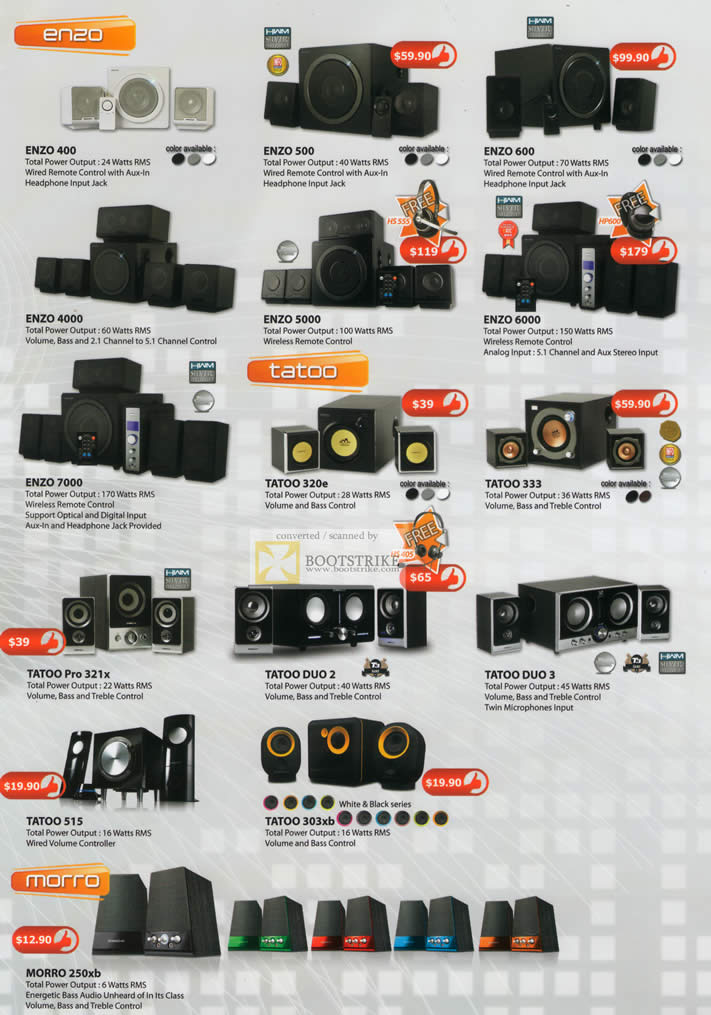 Comex 2010 price list image brochure of Leap Frog Sonic Gear Enzo Speakers 400 200 600 4000 5000 Tatoo 320e 333 Duo 515 303xb Morro 250xb