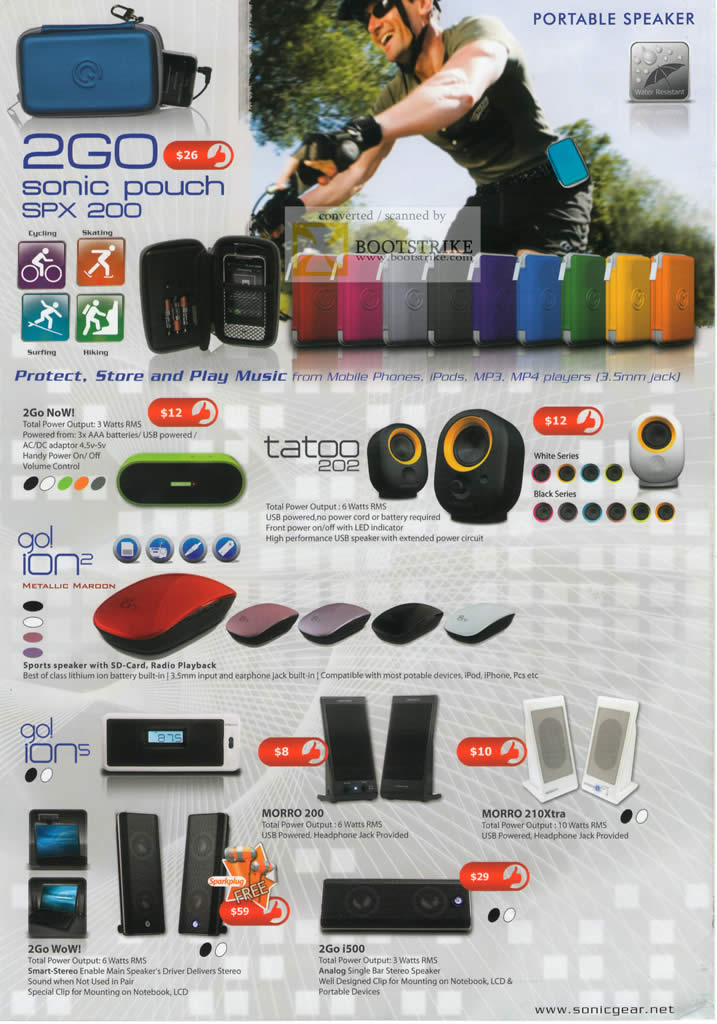 Comex 2010 price list image brochure of Leap Frog Sonic Gear Speakers 2GO Pouch SPX 200 Now Tatoo 202 Gol Ion2 Ion5 Morro 200 210Xtra 2Go I500