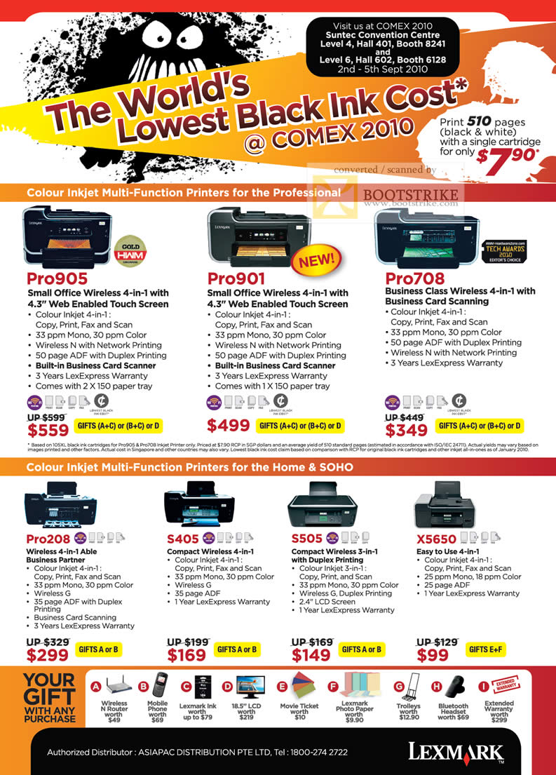 Comex 2010 price list image brochure of Lexmark Colour Inkjet Printers Pro905 Pro901 Pro708 Pro208 S405 S505 X5650 Multi Function