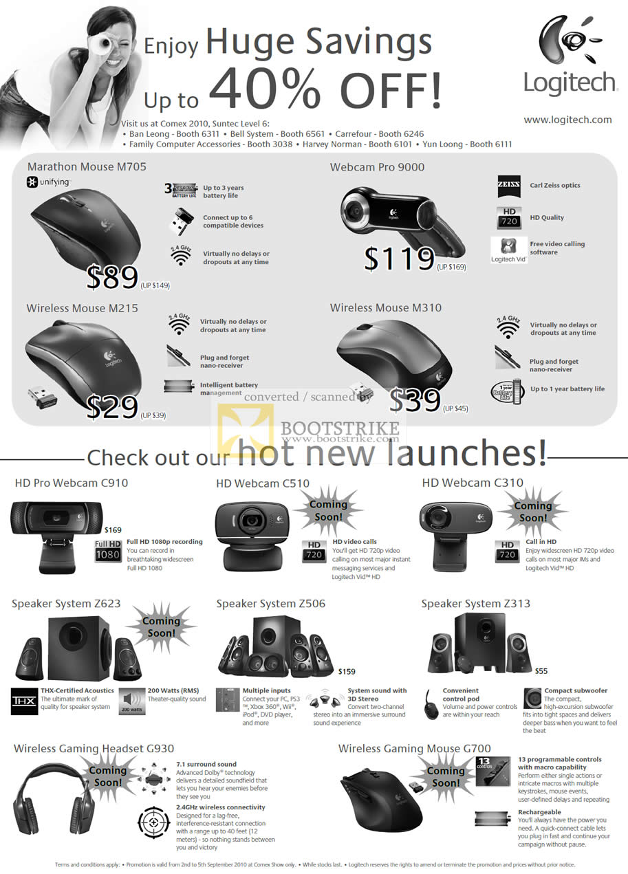 Comex 2010 price list image brochure of Logitech Marathon Mouse M705 Webcam 9000 Wireless M215 M310 HD Pro C910 C510 C310 Speaker Z623 Z506 Z313