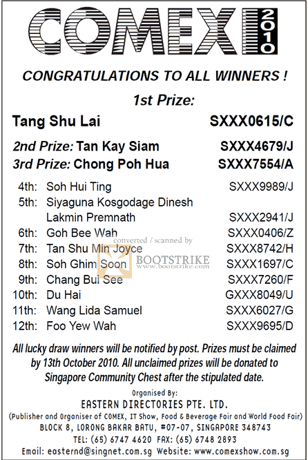 Comex 2010 price list image brochure of Lucky Draw Results