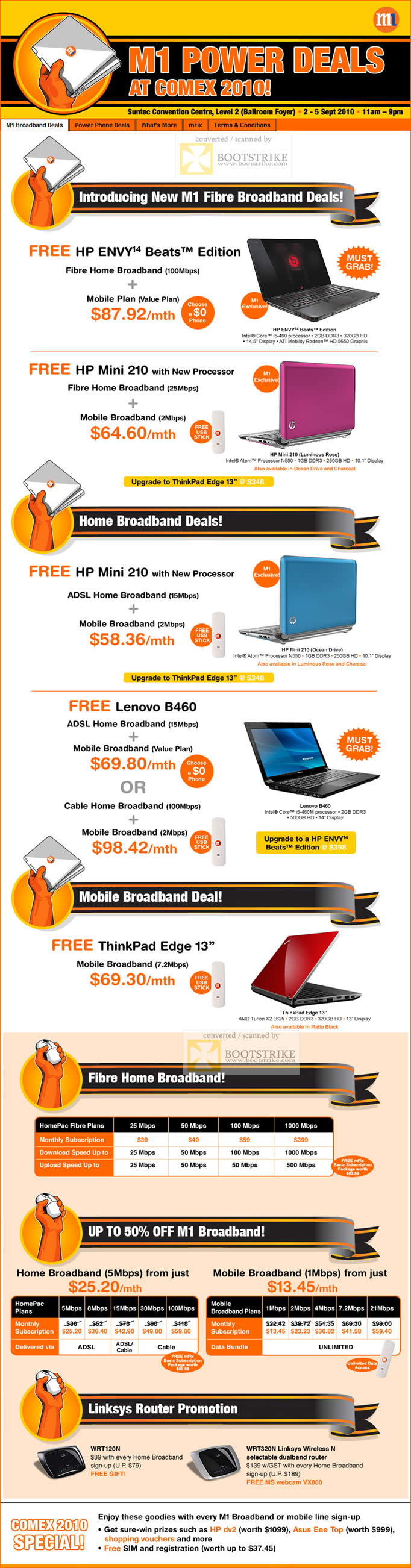 Comex 2010 price list image brochure of M1 Fibre Broadband HP Envy Beats Notebook Mini 210 Lenovo B460 ADSL Linksys Router