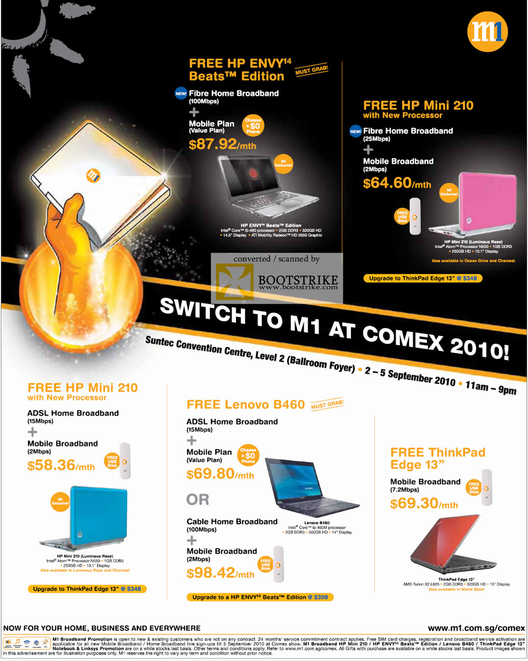Comex 2010 price list image brochure of M1 Free HP Envy Beats Fibre Home Broadband HP Mini 120 Lenovo B460 ThinkPad Edge 13