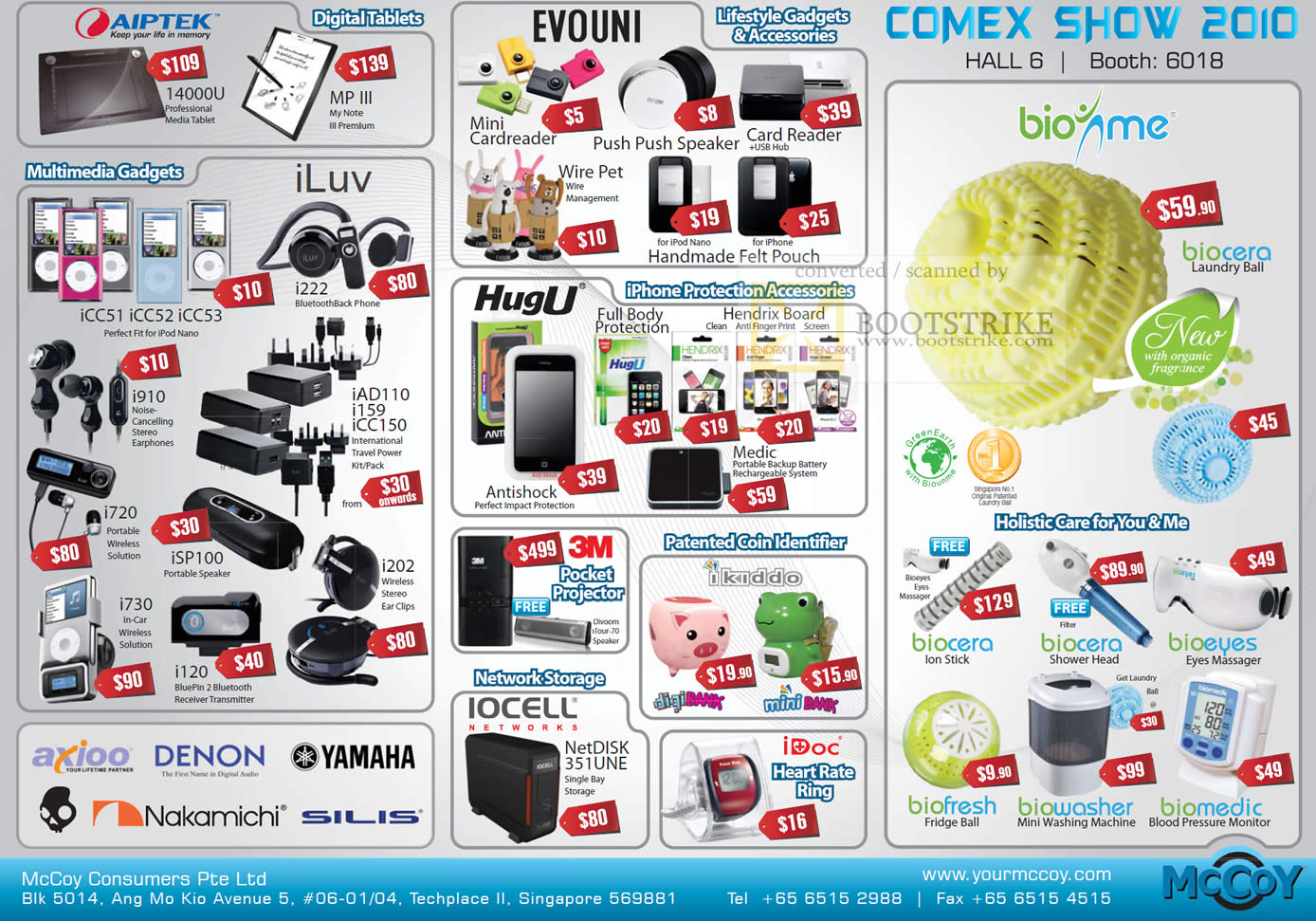 Comex 2010 price list image brochure of Mccoy Aiptek Digital Tablet ILuv HugU Evouni Iocell Biome Biocera Bioeyes Yamaha Axioo Denon NAS Earphone Speakers