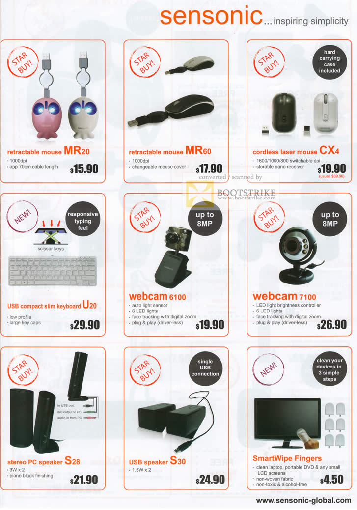 Comex 2010 price list image brochure of Mclogic Sensonic Mouse MR20 MR60 Laser Wireless CX4 Keyboard U20 Webcam 6100 7100 Speakers S28 USB SmartWipe Fingers