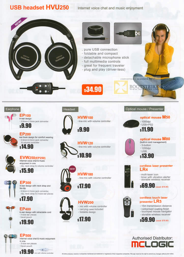 Comex 2010 price list image brochure of Mclogic Sensonic USB Headset HVU250 Earphone EP200 HVW100 Optical Mouse M50 M80 Wireless Touch Laser Presenter LR5