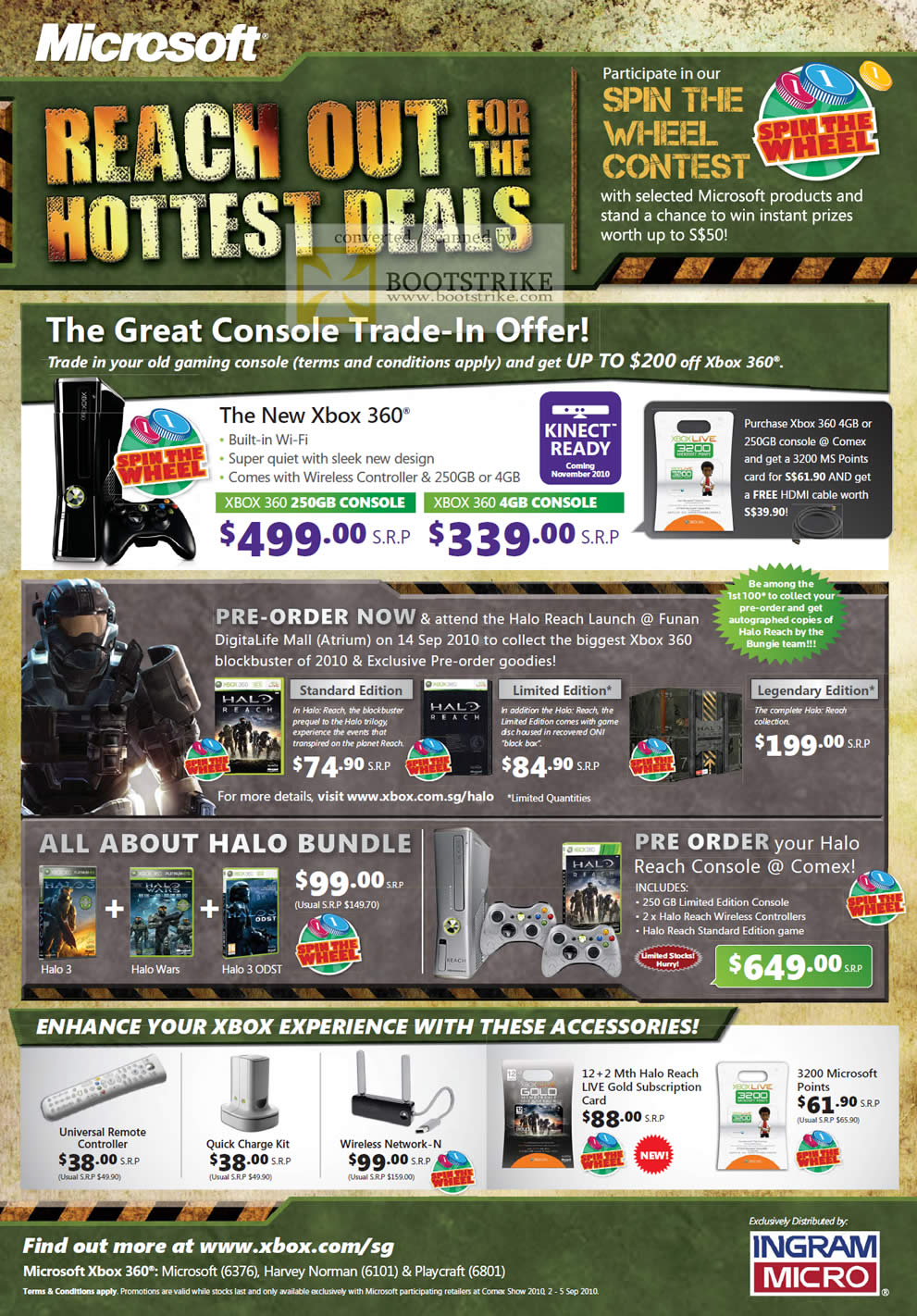 Comex 2010 price list image brochure of Microsoft Console Xbox Halo Reach Wars ODST Remote Controller Charge Kit Wireless Network Live Gold Subscription Points