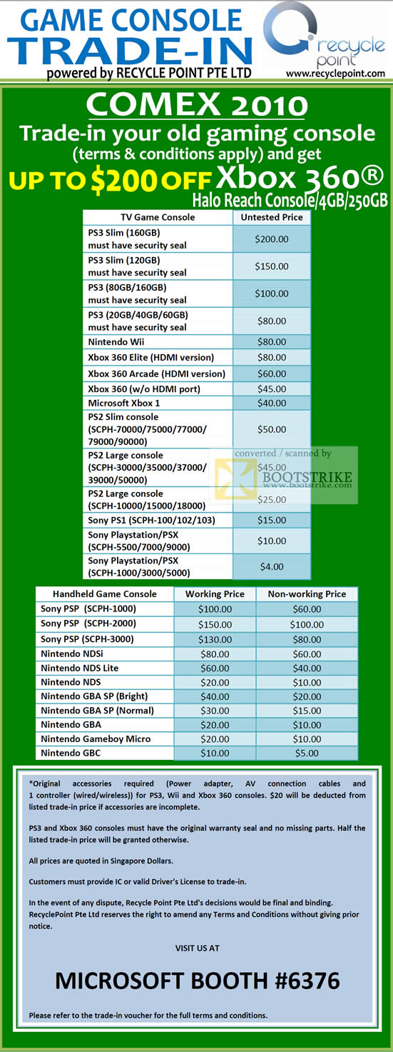 Comex 2010 price list image brochure of Microsoft Xbox Trade In Recycle Point PS3 PS2 Nintendo Gameboy GBA Sony PSP