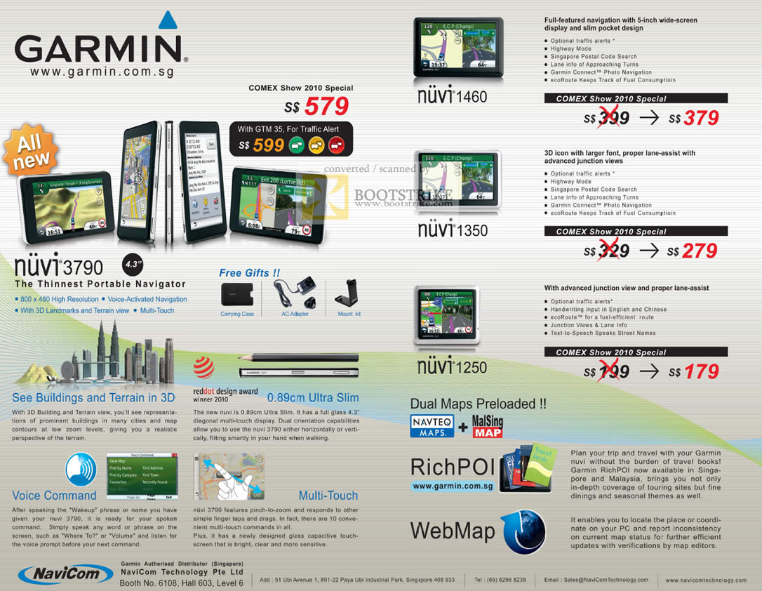 Comex 2010 price list image brochure of NaviCom Garmin GPS Nuvi 3790 1460 1350 1250 Dual Maps RichPOI WebMap 3D