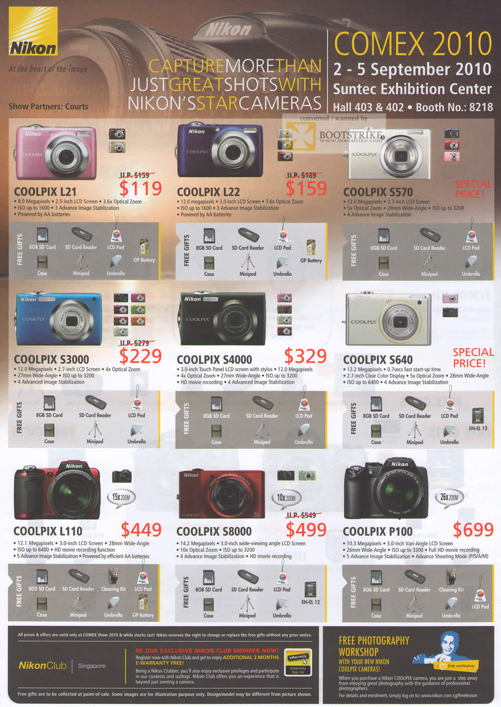 Comex 2010 price list image brochure of Nikon Digital Cameras Coolpix L21 L22 S570 S3000 S4000 S640 L110 S8000 P100
