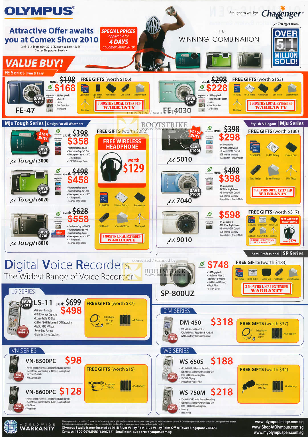 Comex 2010 price list image brochure of Olympus Digital Cameras FE Series 47 4030 Mju UTough 3000 6020 8010 U5010 U7040 U9010 SP Voice Recorders LS VN DM WS