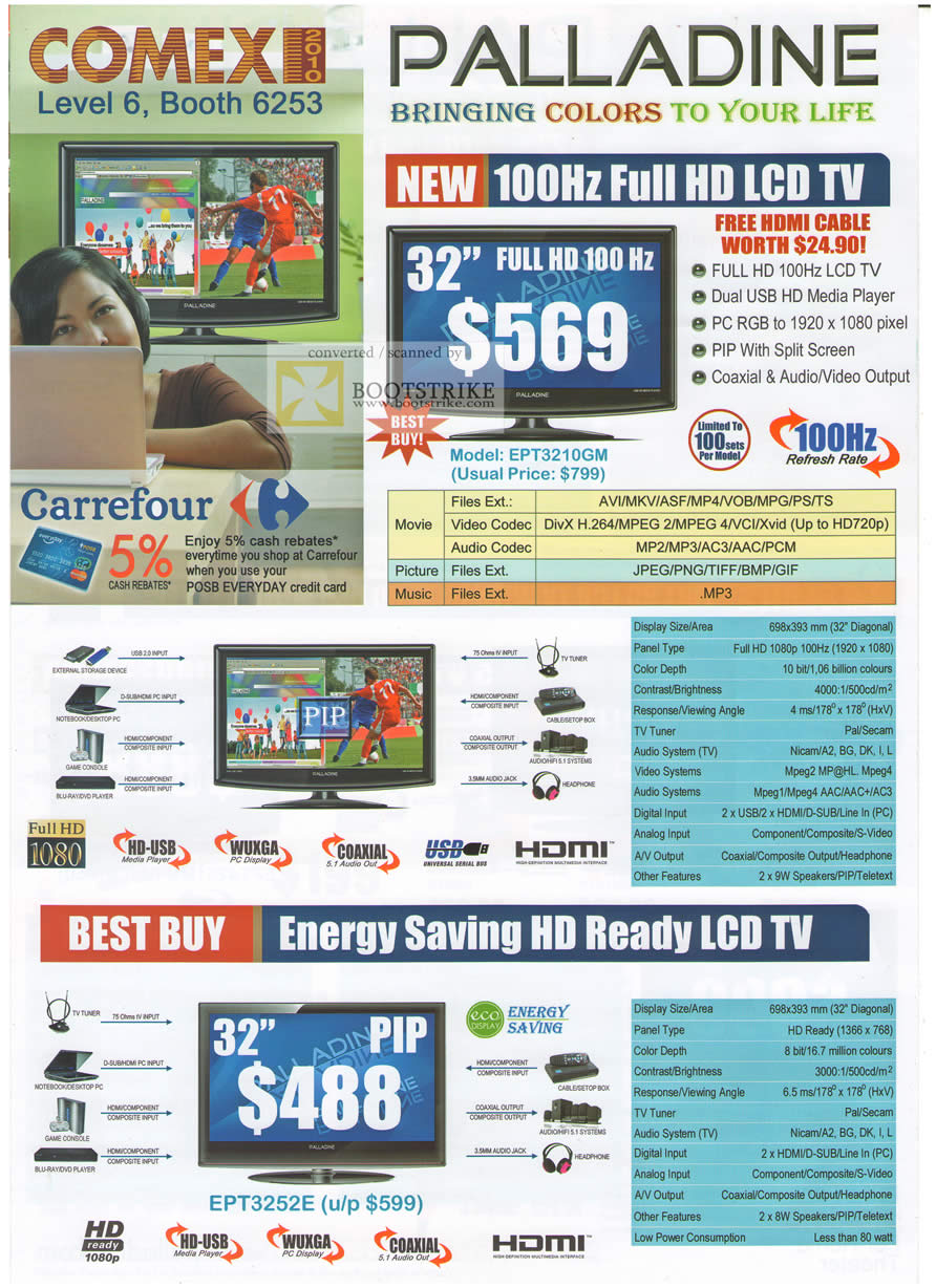 Comex 2010 price list image brochure of Palladine Carrefour 100Hz LCD TV Media Player EPT3210GM EPT3252E